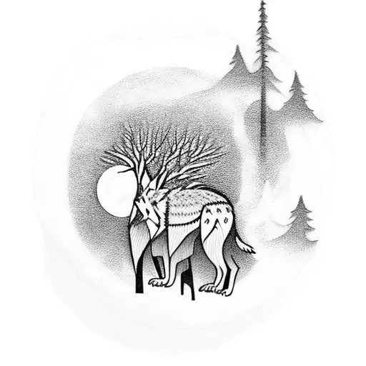 A Mystical Forest With A Wolf Howling At The Moon