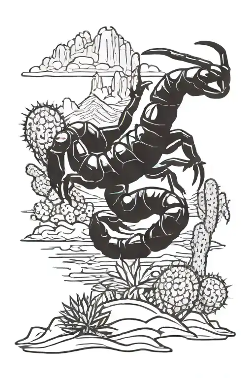 Scorpion With Cactus In Desert Landscape