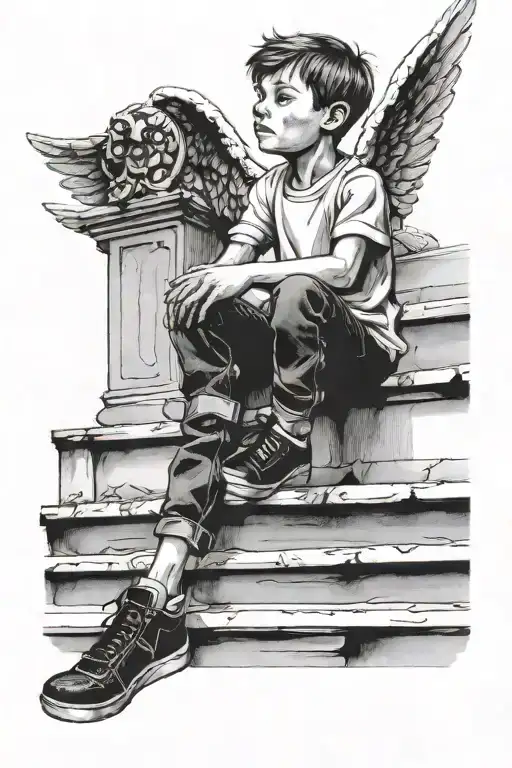Boy Sitting On Stairs Looking Up At Angel