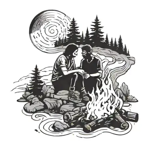 A Blackwork Tattoo Of A Father And Daughter Silhouette Sitting By A Campfire Under The Stars
