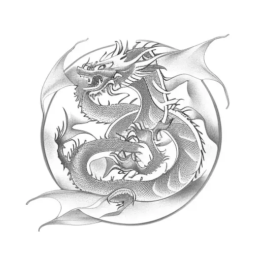 A Majestic Oriental Dragon Wrapped Around A Lotus Flower