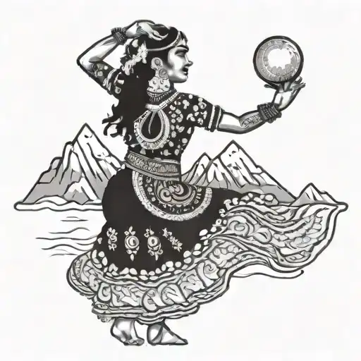 Incorporate A Traditional Uttarakhand Dance Pose With A Mountain Backdrop In Your Tattoo Design