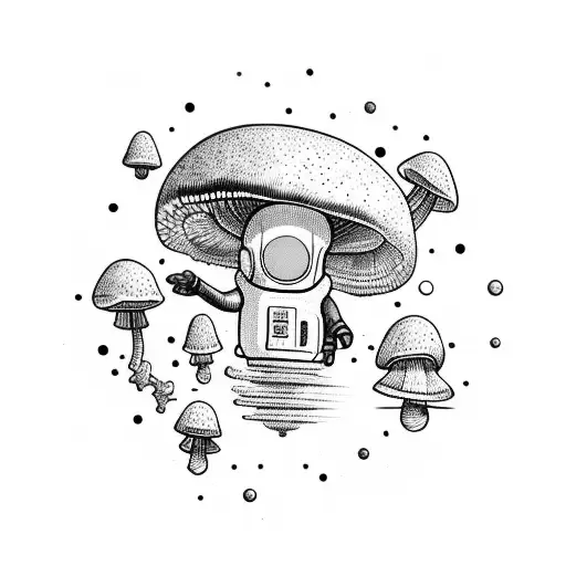 Mushroom Spores Floating In Space With A Blackwork Astronaut Observing