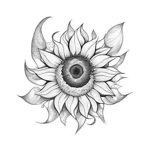 A Blackwork Tattoo Of A Sunflower With Music Notes Intertwining The Stem