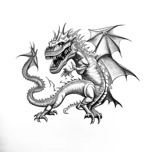 A Fierce T-rex Battling A Dragon In An Epic Showdown