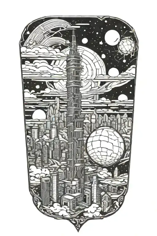 Sci-fi Classic Art Apocalyptic Abandoned Metropolis With Crumbling Skyscrapers Under Cosmic Sky