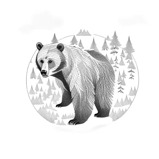 Mama Bear And Bear Cubs Walking In The Forest