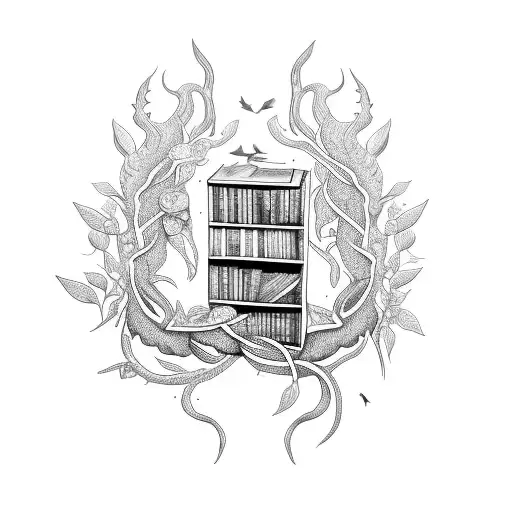 An Intricate Bookshelf Tattoo With Nature Elements Intertwined