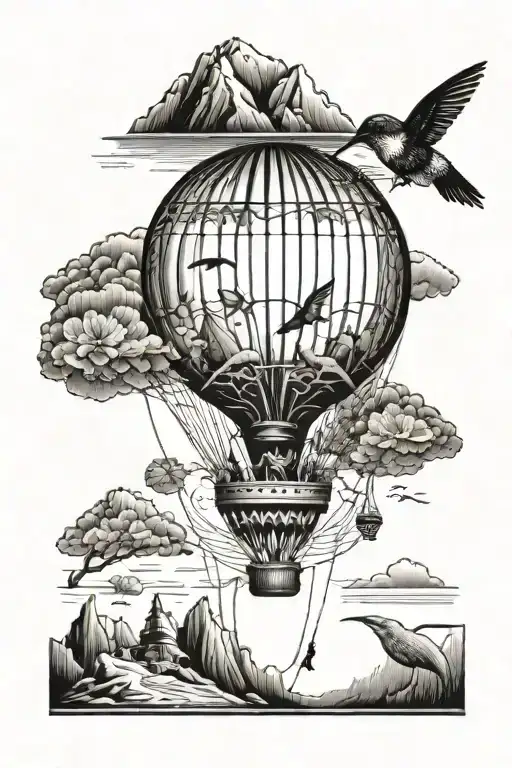 Air Balloon With Mountains And Ocean Beach And Hummingbird And Honeybee