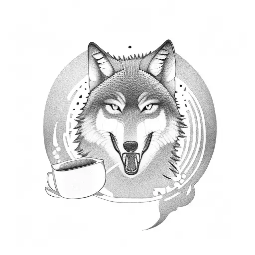 A Blackwork Tattoo Of A Wolf Howling At The Moon With A Cup Of Coffee In Its Paw