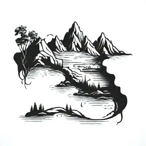 Floating Mountain Lifted Out Of Earth With A River Flowing Back To Earth