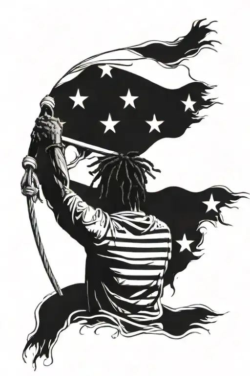 Black Man With Dreads From Behind Holding Waving Flag Pole