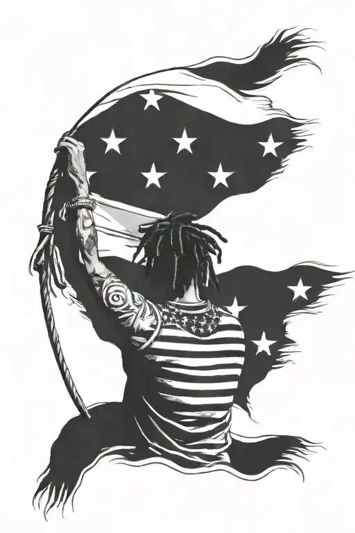 Black Man With Dreads From Behind Holding A Waving Flag With The Letter A Emblazened On Ot