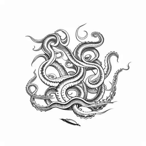 Kraken Atacando Barco No Mar Com Rosas E Caveiras