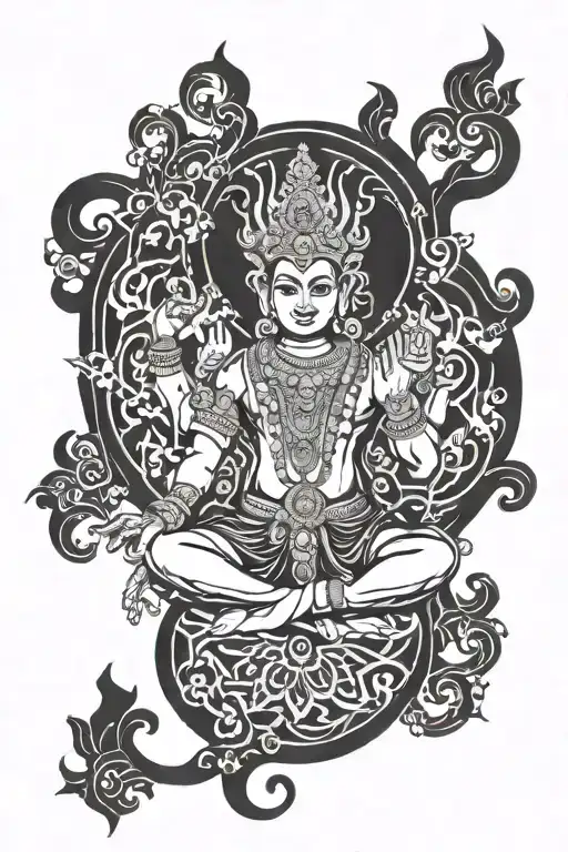 Hindu Lord Indra With The Six Senses Around Him