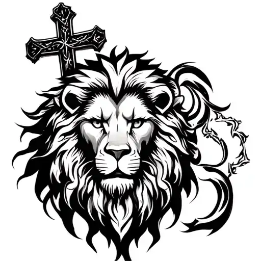 Lion And A Cross Tattoo Design Featuring
