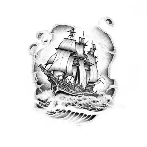 A Blackwork Tattoo Of A Pirate Ship Battling A Gigantic Octopus In The Middle Of A Stormy Ocean