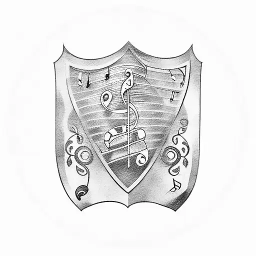 A Shield Adorned With Musical Instruments From Different Historical Eras