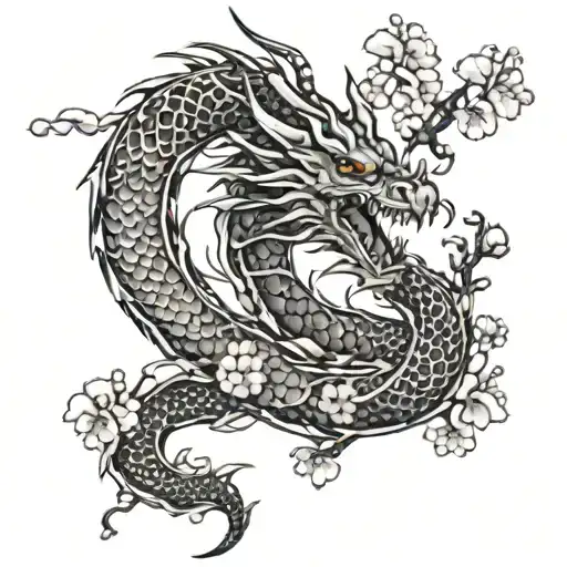 Dragon In Sakura Flowers