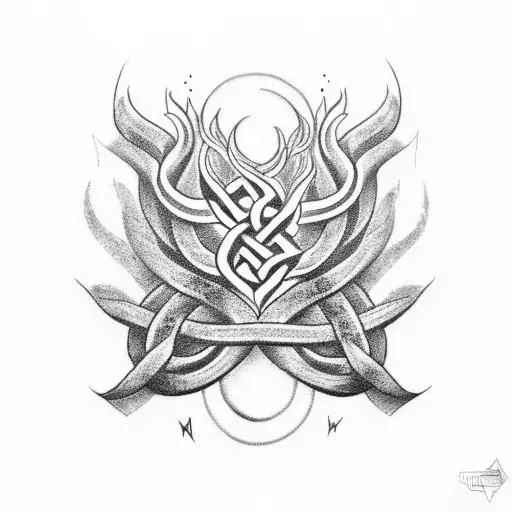 A Nature-inspired Tattoo Featuring Norse Symbols Intertwined With Flames