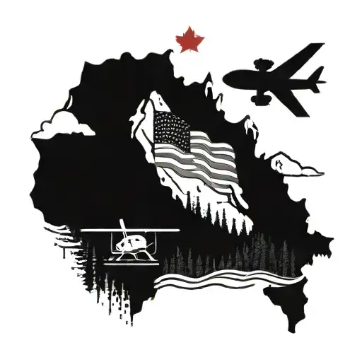 Pacific Northwest Mountains With Both Canadian And American Flags With A Plane On The Mountain