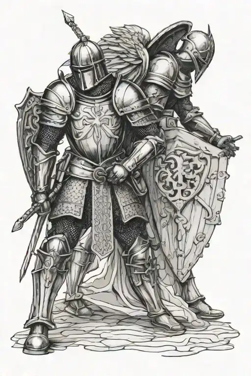 A Medieval Knight On Foot With A Guardian Angel Watching His Back