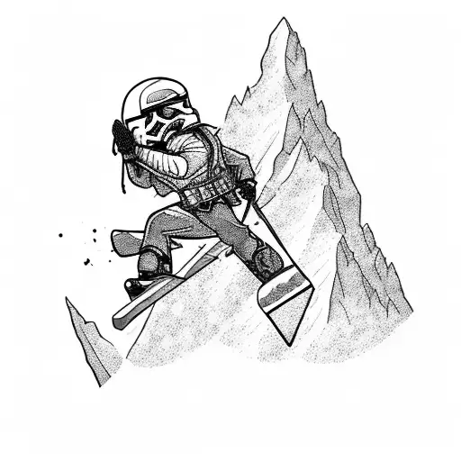 A Blackwork Tattoo Of A Snowboarding Stormtrooper Conquering A Mountain Peak