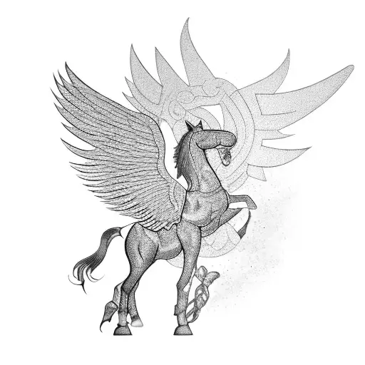 A Blackwork Tattoo Of A Winged Horse Standing On A Stella Artois Bottle