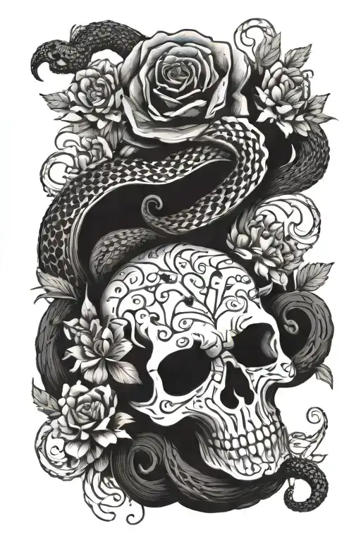 A Snake Slithering Through A Skull Surrounded By Flowers Along With A Medusa Head In The Flowers
