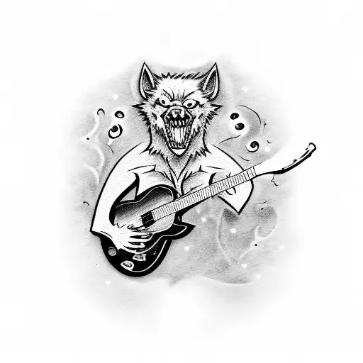 A Werewolf Playing A Guitar With Flames Surrounding It
