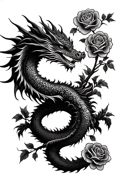 Dotwork Chinese Style Dragon Wrapping Around Roses