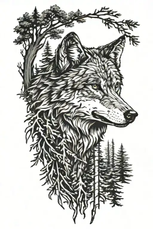Wolf Full Face Among Pine Trees