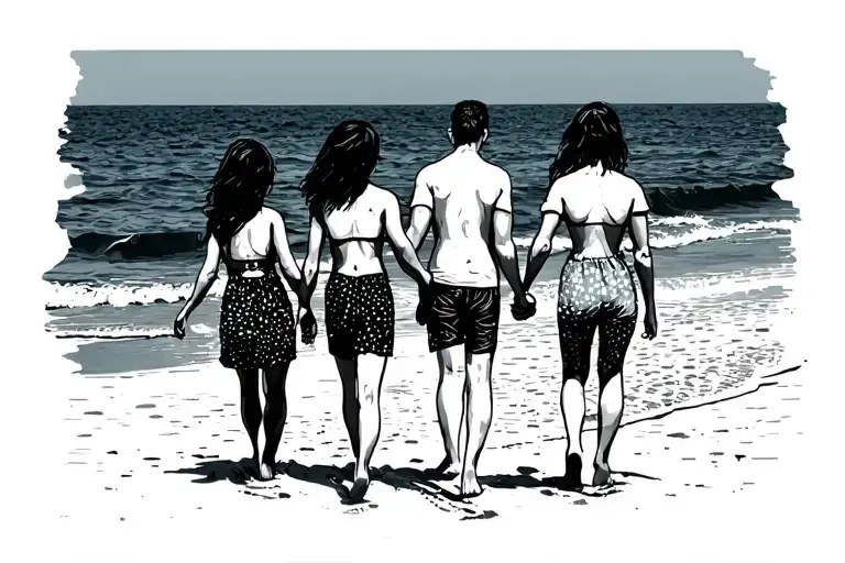 3 Daughters And A Dad Walking Along A Beach Holding Hands