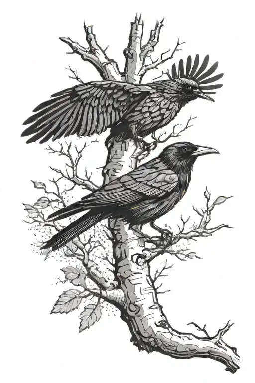 Birch Tree With A Raven Flying Robin Flying And Woodpecker Flying And Cross