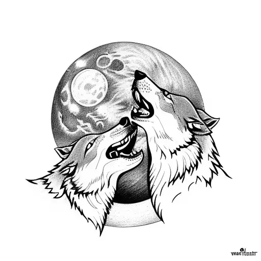 Male And Female Wolf Howling Together Face To Face With The Moon In The Back