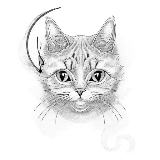 A Blackwork Tattoo Of A Cat Playing A Musical Instrument While Wearing Fashionable Clothes