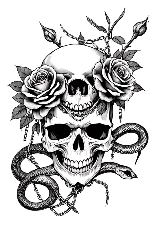 Skull With Snakes With Chain And Roses