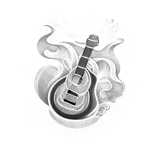 A Sleek Blackwork Tattoo Of A Guitar With Ocean Waves Forming The Strings