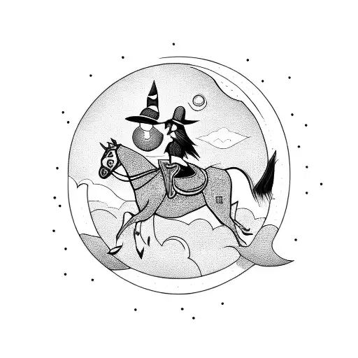A Blackwork Tattoo Of A Witch Riding A Crow Through A Moonlit Sky