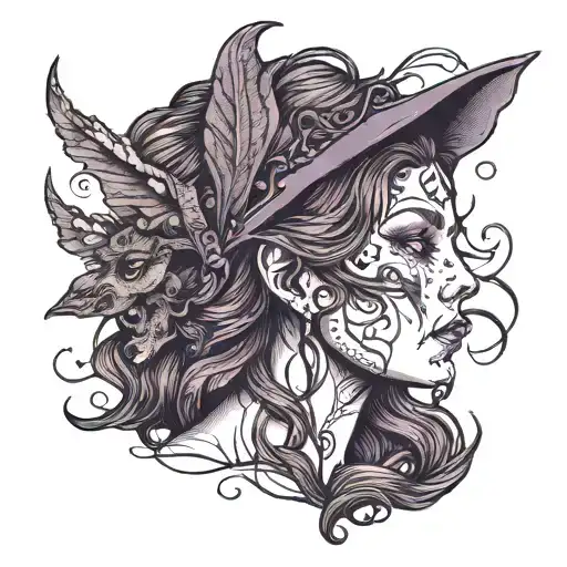 A Woman With Half Her Face A Witch And Half A Fae With Purple Eyes And Brown Hair