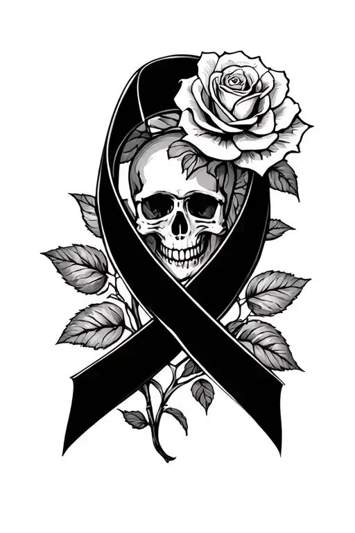 Cancer Ribbon With Skull And Rose