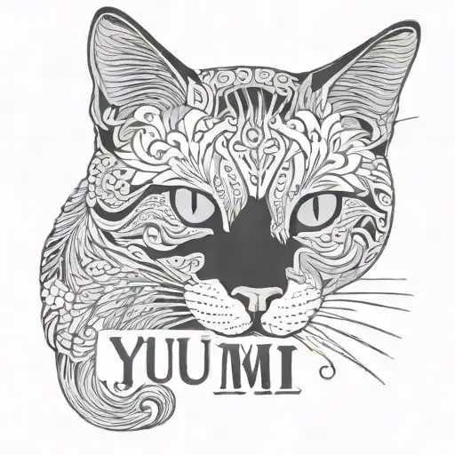Yumi Name Written And Grey Cat Curled