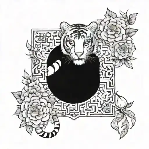 Tiger And Flowers Intertwined