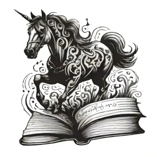 A Mystical Horse Galloping Through A Book Filled With Magical Symbols And Words