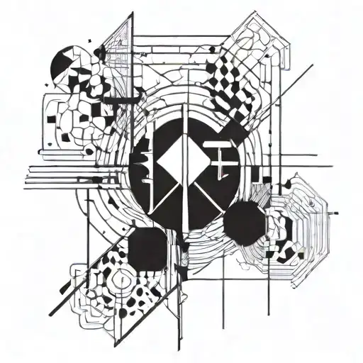 A Geometric Abstract Design Incorporating Elements Of Art Supplies Like Paintbrushes And Palettes