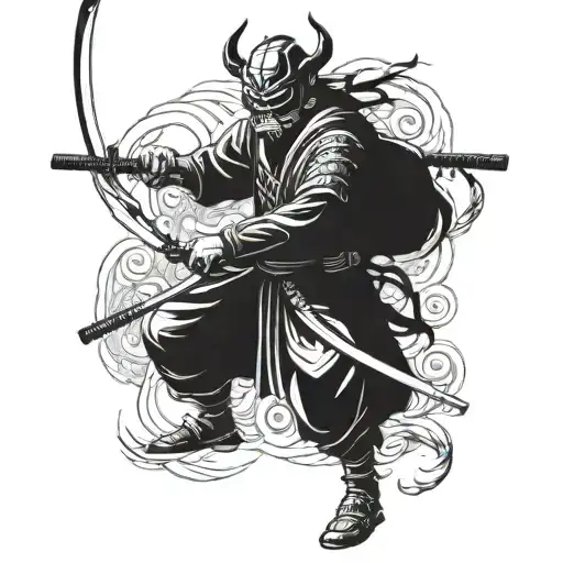 Full-length Samurai In A Hanya Mask With Two Swords