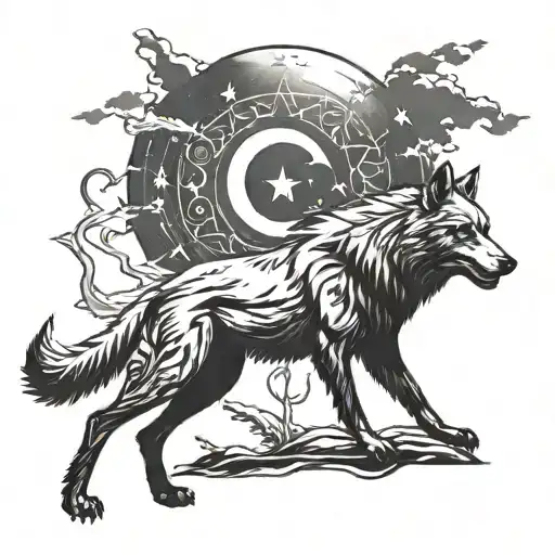 Turkish Flag And Wolf Howling At The Moon