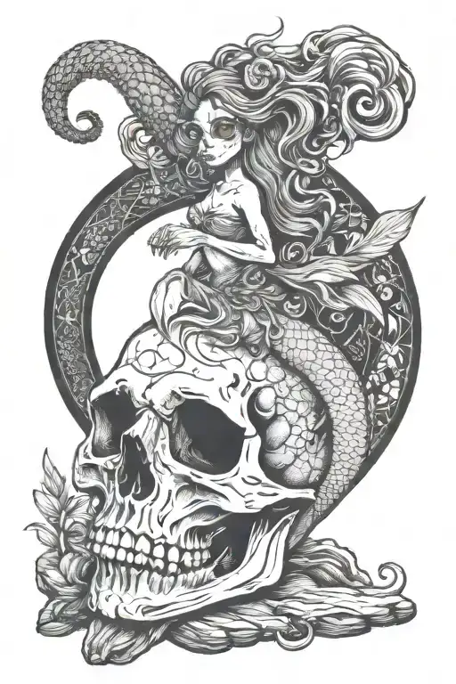 Skull And Mermaid Sitting On A Rock