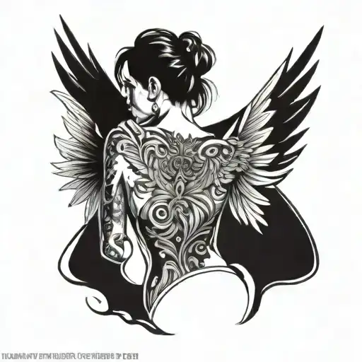 Full Chest Gang Tattoo Design Featuring A Girl With Wing Viewed From The Back Om The Middle