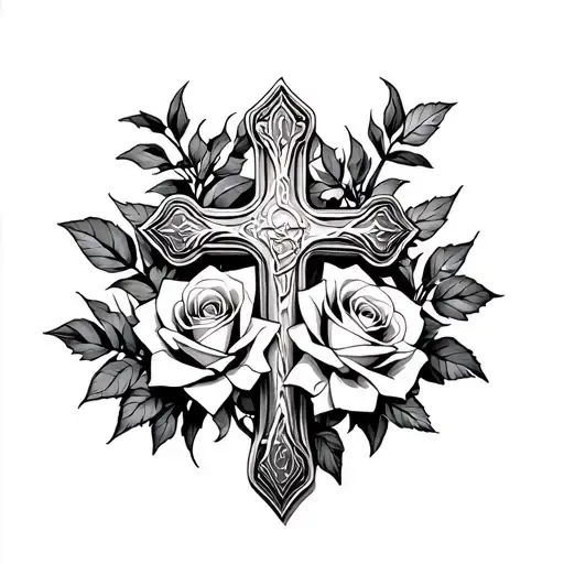 Christian Cross W Roses Intertwined
